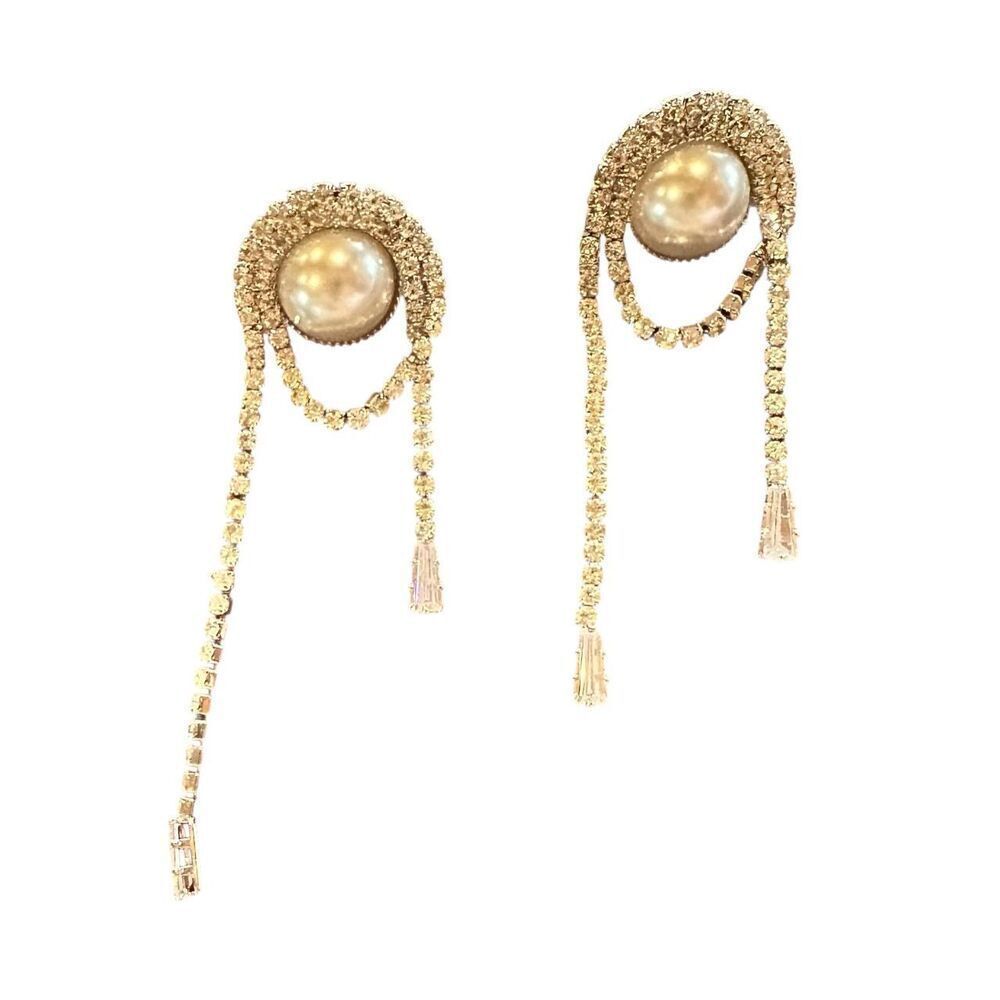Shashi "Wren" Long Crystal Loop Pearl Gold Earrings